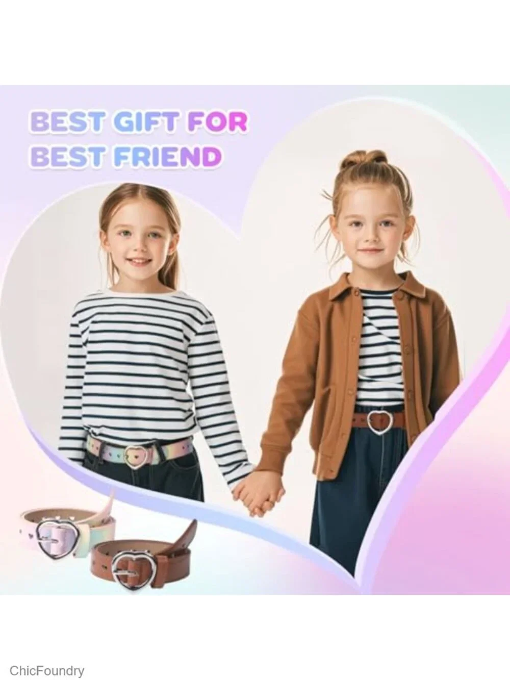 Girls Leather Belts 5 Pack Heart Buckle Adjustable PU Leather Stretch Belt